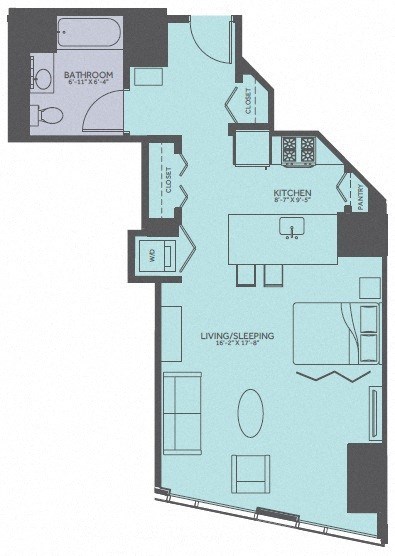 Floor plan for studio, 1 bath, 636 sqft